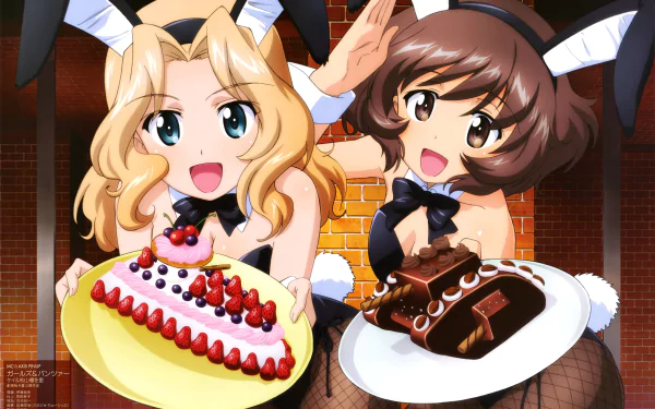 Anime girls Kay and Yukari Akiyama from Girls und Panzer dressed in bunny outfits, each holding a decorated cake, featured in a 4K Ultra HD PC wallpaper background.