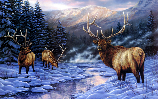 Artistic Painting Deer Buck Forest Winter Snow Tree River HD Wallpaper | Background Image