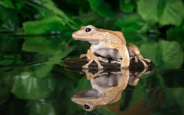 A frog, an amphibian, sits on a rock with its reflection mirrored in the water, captured in this HD desktop wallpaper showcasing natural animal beauty.
