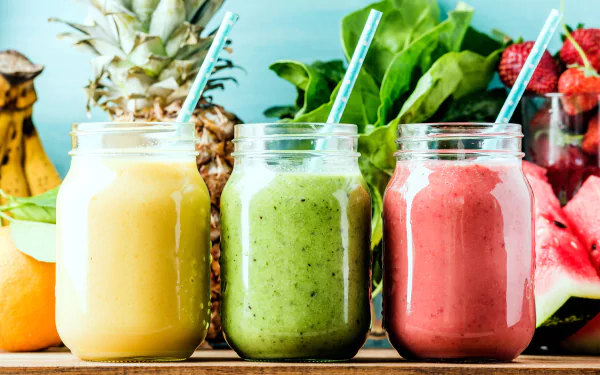 Colorful smoothie jars filled with yellow, green, and pink fruit drinks, surrounded by fresh fruits and greens on a wooden table. HD desktop wallpaper and background.