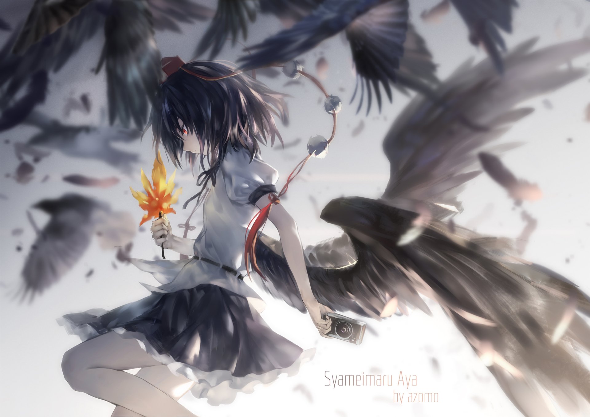 Aya Shameimaru from Touhou in an HD anime wallpaper, holding a flaming flower surrounded by birds in flight.