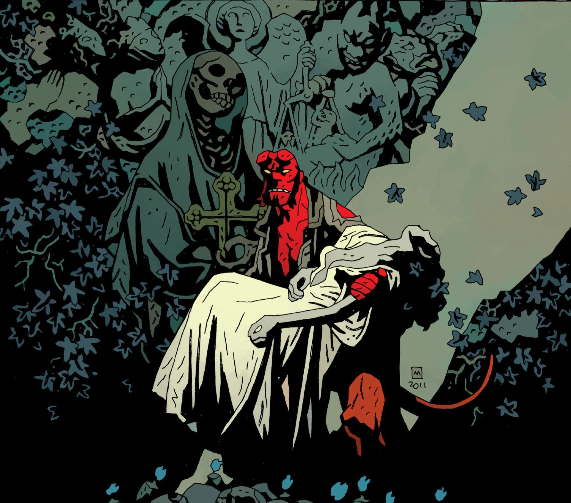 HD PC desktop wallpaper featuring Hellboy from the comic series, holding an unconscious woman against a dark, eerie background with skeletal figures.