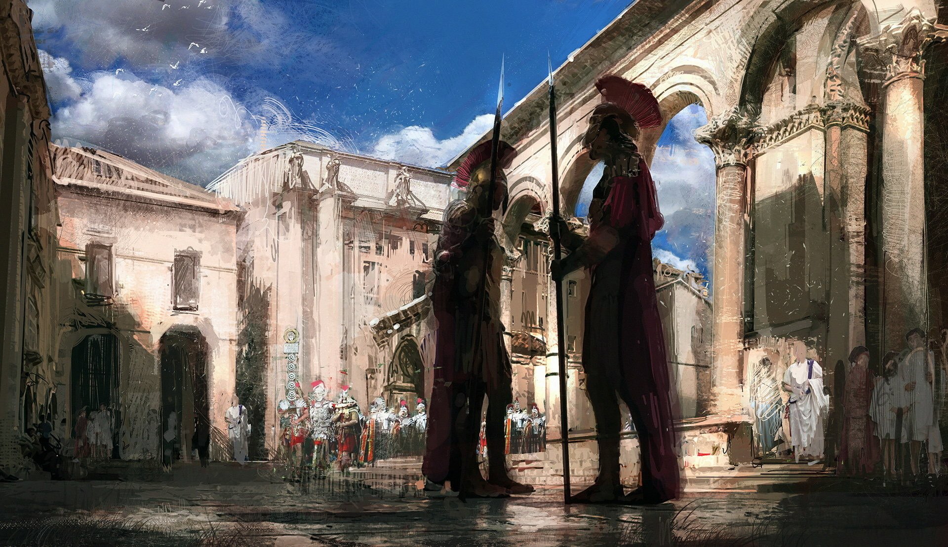 A fantasy warrior Roman legionary stands with a spear in a historic city square under a bright blue sky, captured in an HD desktop wallpaper.