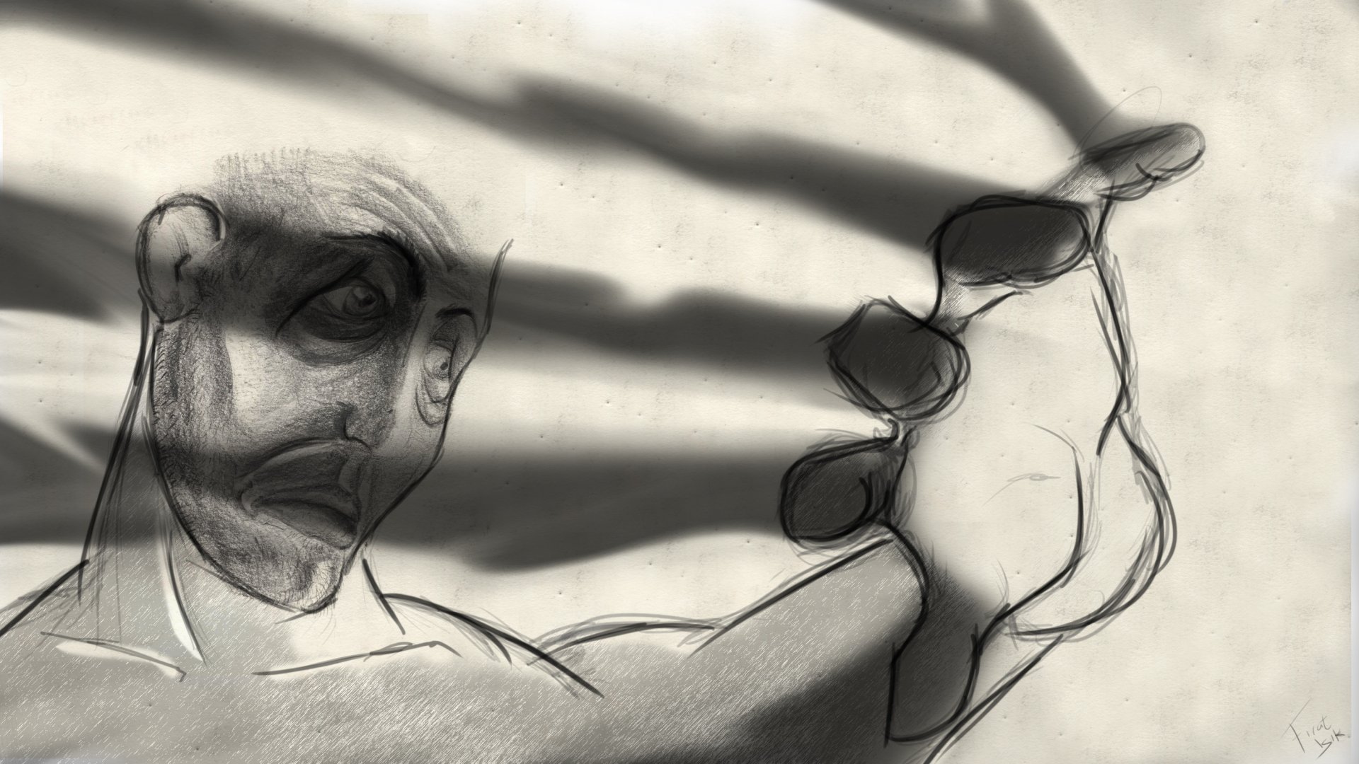 A dramatic artistic drawing depicting a figure reaching out, surrounded by shadowy lines, creating a sense of depth and movement. This HD PC desktop wallpaper adds a striking visual element.