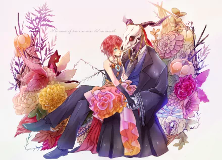 This HD wallpaper from The Ancient Magus' Bride anime features Chise Hatori with short red hair and a dress, and Elias Ainsworth, a tall figure with a skull head, standing amidst vibrant flowers.