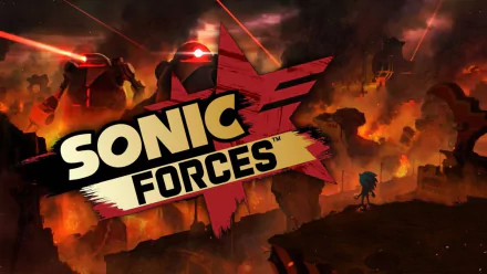 HD PC desktop wallpaper featuring Sonic the Hedgehog from the video game Sonic Forces, showcasing a dramatic battle scene with giant robots and fiery background.