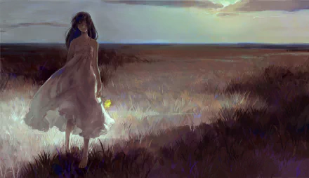 Anime-style HD desktop wallpaper of a smiling girl with long black hair and blue eyes standing in a grassy field under a cloudy sky at dusk.