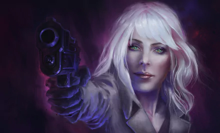 HD desktop wallpaper of a white-haired woman warrior with striking green eyes, holding a gun, inspired by Charlize Theron’s character from the movie Atomic Blonde.