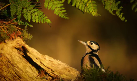HD PC desktop wallpaper/background: a woodpecker animal perched on a mossy log beneath fern fronds, bathed in warm golden light.