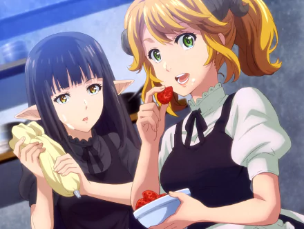 Aletta and Kuro from the anime Restaurant to Another World preparing food in a vibrant 4K Ultra HD desktop wallpaper inspired by Isekai Shokudou.