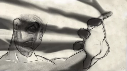 A dramatic artistic drawing depicting a figure reaching out, surrounded by shadowy lines, creating a sense of depth and movement. This HD PC desktop wallpaper adds a striking visual element.