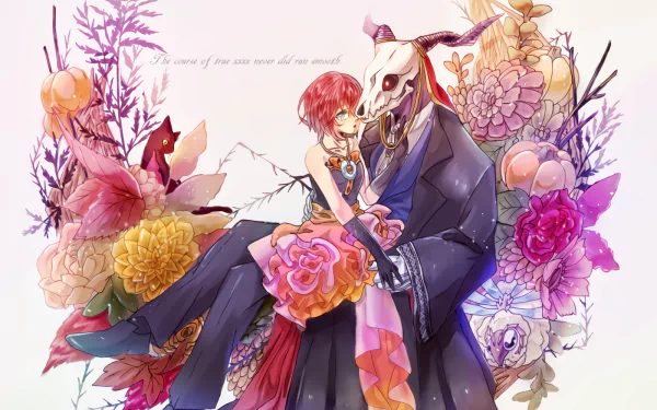 This HD wallpaper from The Ancient Magus' Bride anime features Chise Hatori with short red hair and a dress, and Elias Ainsworth, a tall figure with a skull head, standing amidst vibrant flowers.