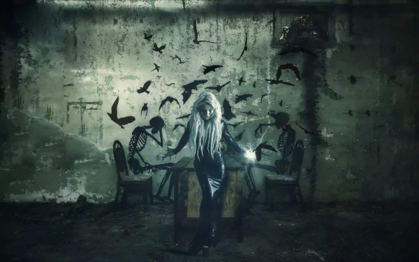 long hair latex graffiti tears white hair model woman dark HD Desktop Wallpaper | Background Image