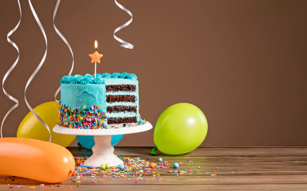 A colorful birthday cake with a candle sits on a stand, surrounded by vibrant balloons and festive decorations, embodying the joy of celebration and holidays.