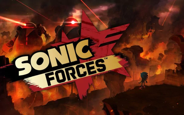 HD PC desktop wallpaper featuring Sonic the Hedgehog from the video game Sonic Forces, showcasing a dramatic battle scene with giant robots and fiery background.