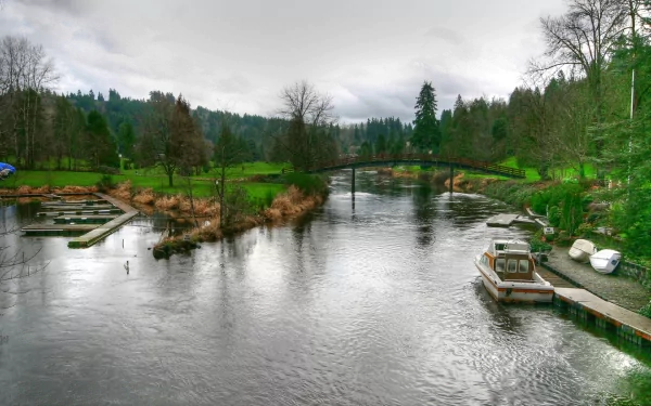 A serene landscape featuring a calm lake, a small boat dock, a bridge over a river, and lush greenery. The scene captures the tranquility of nature in a vibrant wilderness setting.