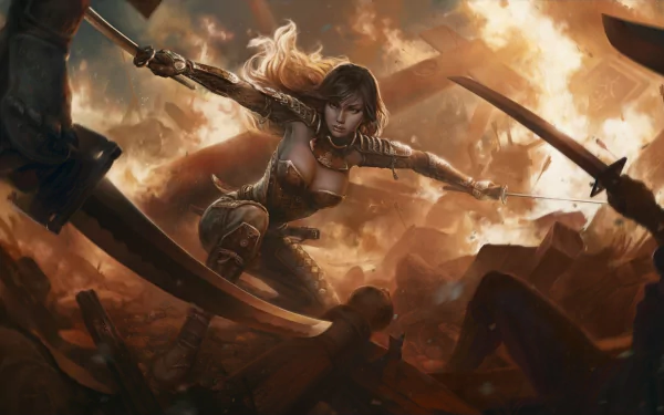 A fierce oriental woman samurai warrior in battle, wielding blades amid fiery chaos with katakana symbols, captured in an intense fantasy HD desktop wallpaper.