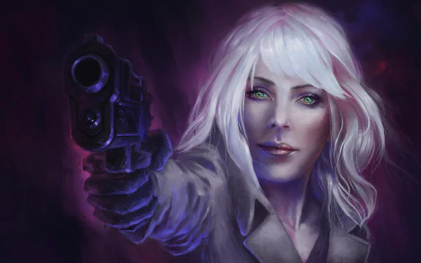 HD desktop wallpaper of a white-haired woman warrior with striking green eyes, holding a gun, inspired by Charlize Theron’s character from the movie Atomic Blonde.