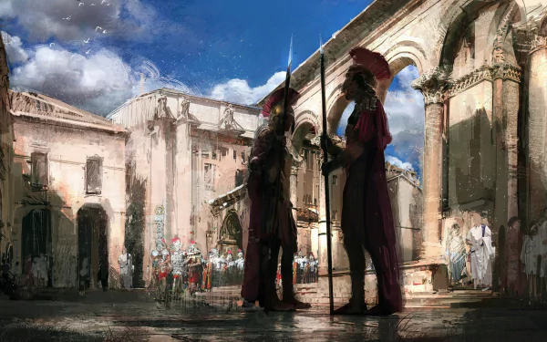 A fantasy warrior Roman legionary stands with a spear in a historic city square under a bright blue sky, captured in an HD desktop wallpaper.