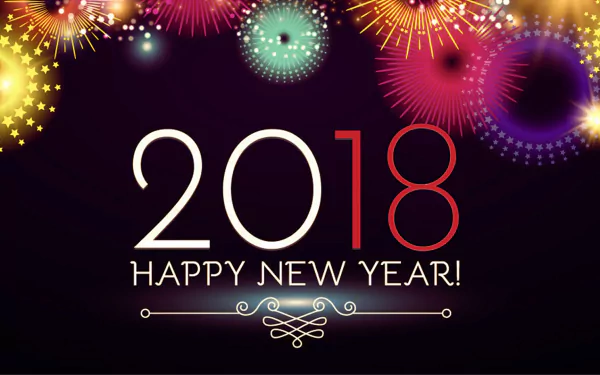 HD wallpaper with colorful fireworks and the text 2018 Happy New Year! on a dark background, celebrating the holiday season and New Year 2018.