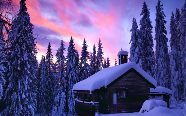 HD wallpaper of a snowy forest at sunset with a cozy cabin nestled among the trees, enveloped in winter's calm and serenity.