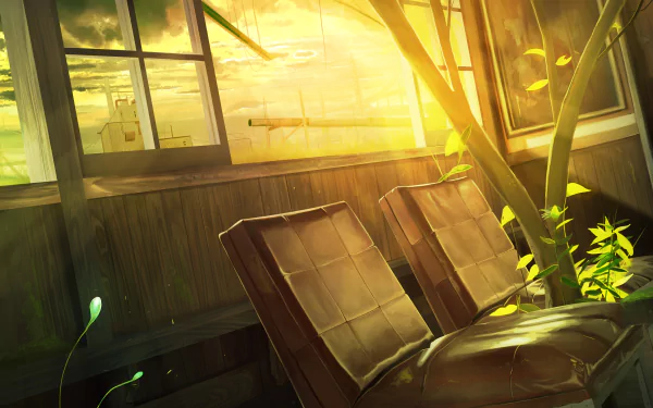 Anime-style 4K Ultra HD wallpaper depicting sunlight streaming through windows, illuminating two chairs and surrounding plants in a cozy, original setting.
