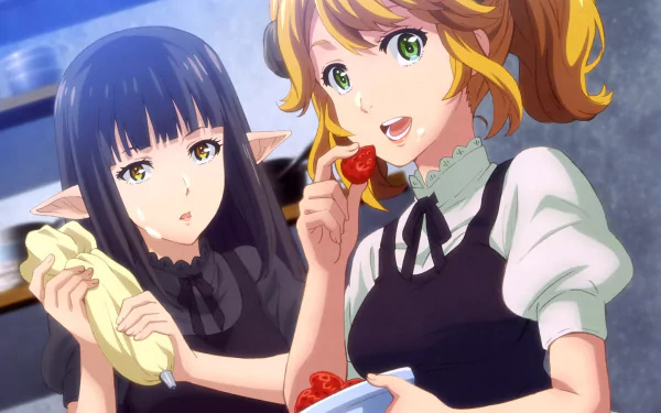 Aletta and Kuro from the anime Restaurant to Another World preparing food in a vibrant 4K Ultra HD desktop wallpaper inspired by Isekai Shokudou.