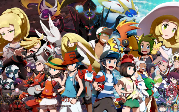 HD desktop wallpaper featuring Pichu, Professor Kukui, Lillie, Elio, Gladion, Hau, and Selene from Pokémon Ultra Sun and Ultra Moon, showcasing various Pokémon characters and video game scenes.