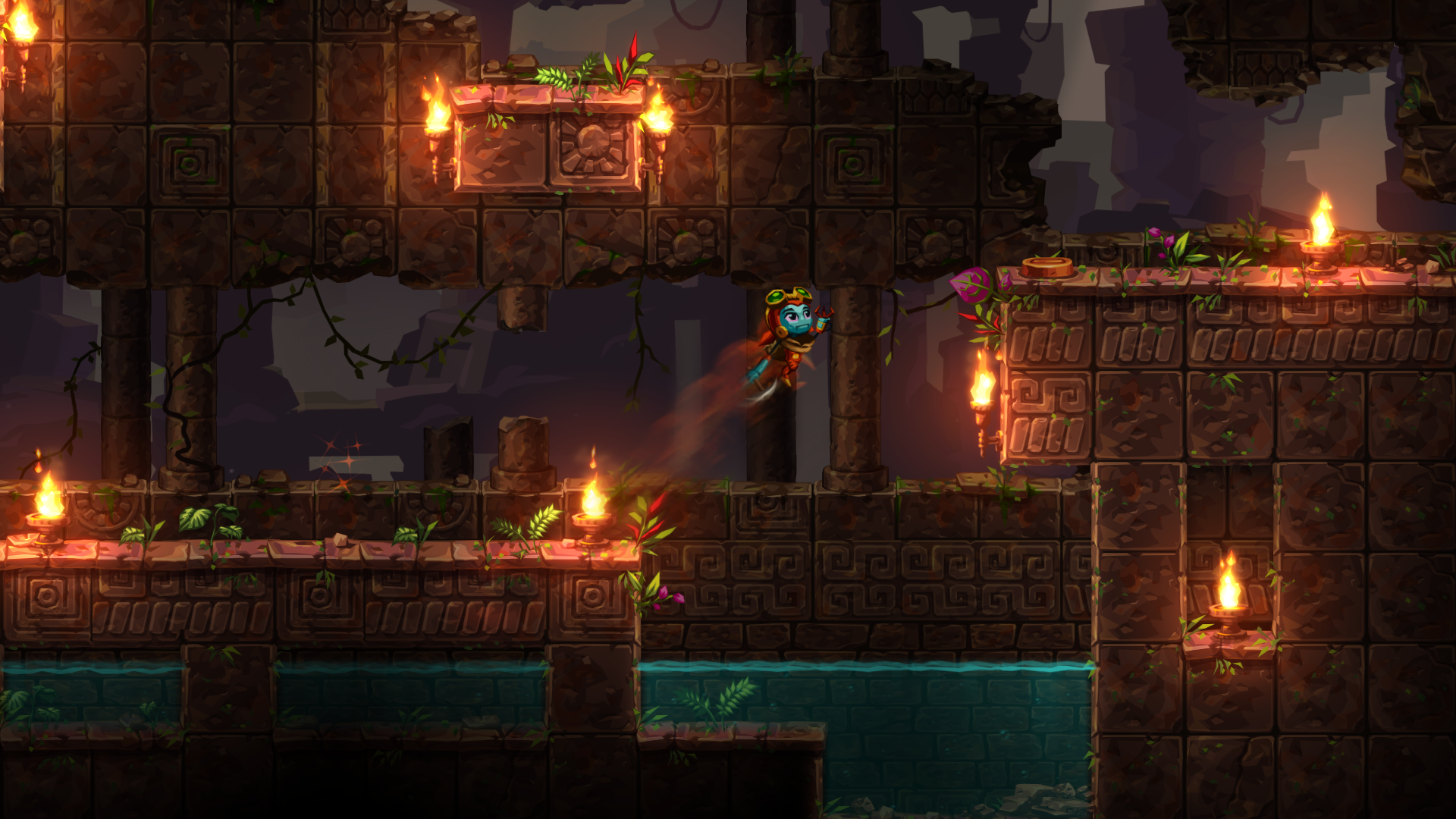HD desktop wallpaper from SteamWorld Dig 2 featuring a character navigating through underground ruins with torches and water.