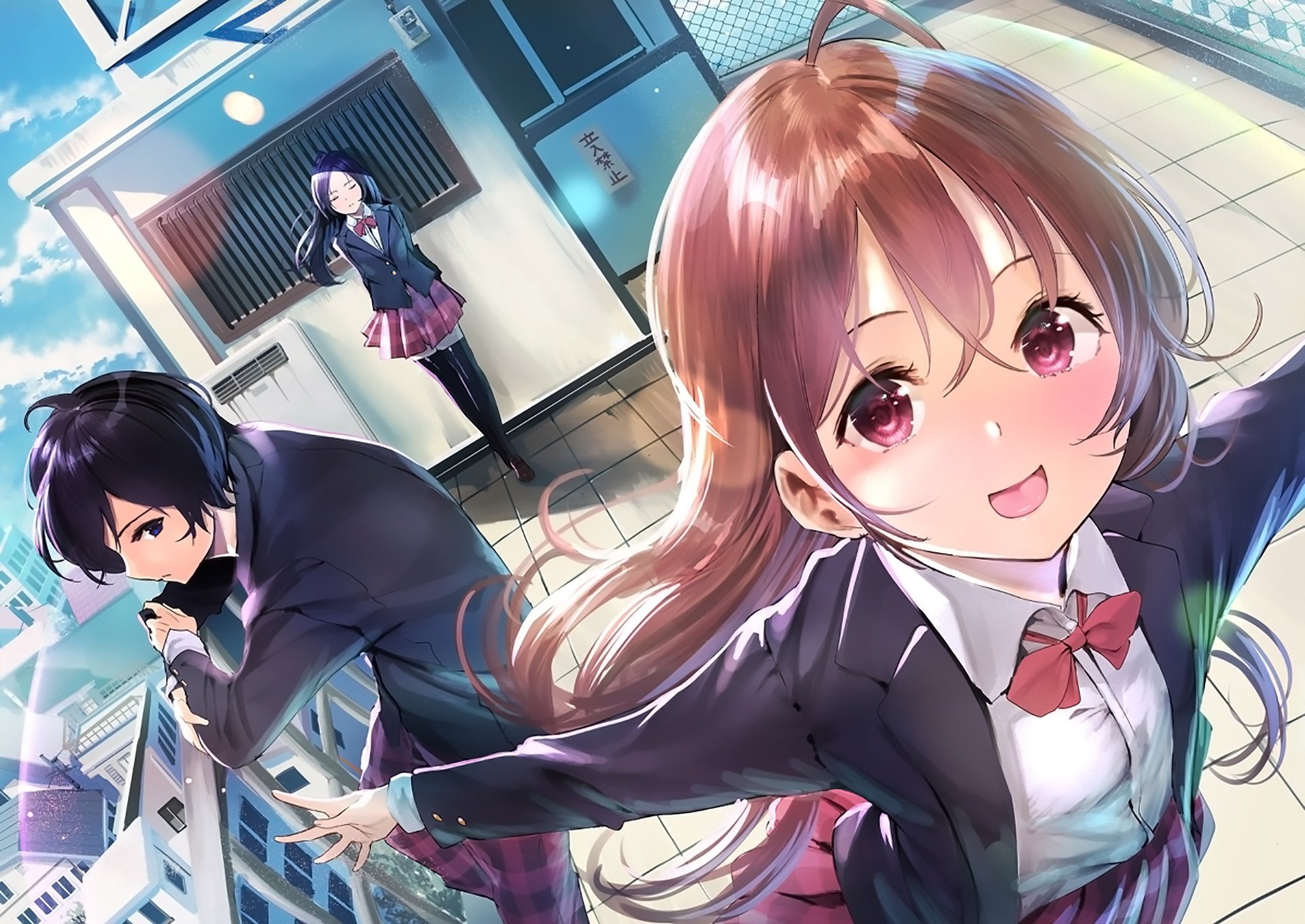 Anime-style HD desktop wallpaper featuring original schoolgirls with red eyes in dynamic poses against a bright, urban background.