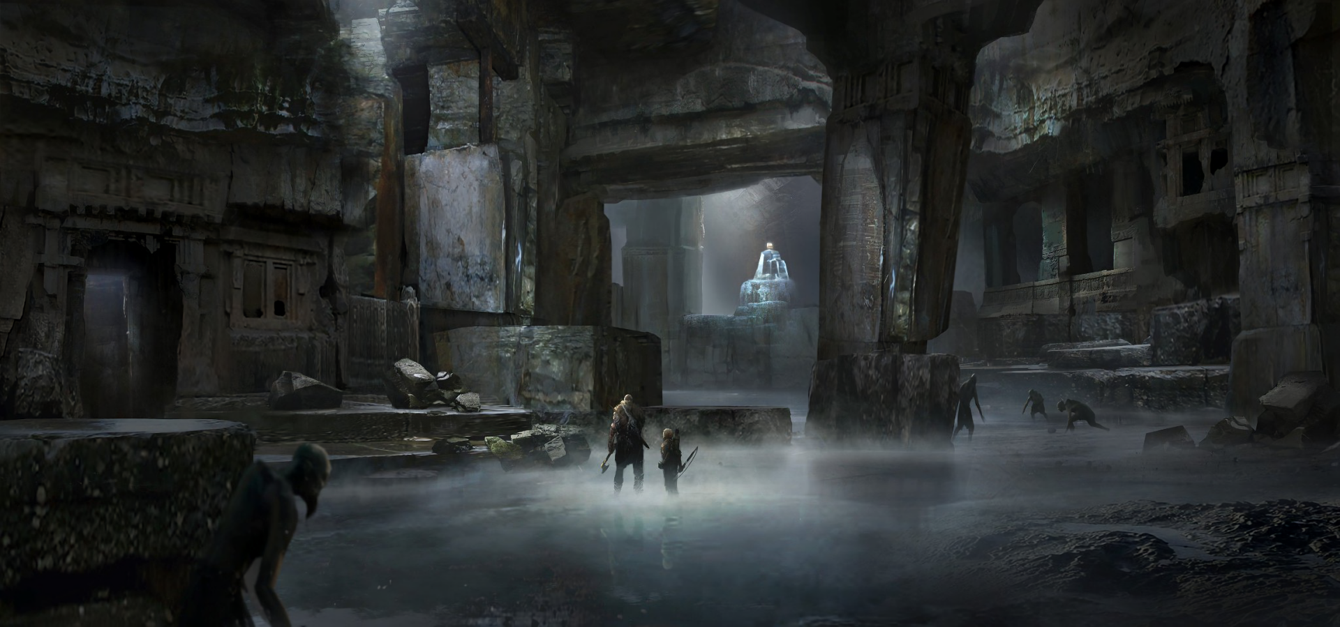 HD wallpaper featuring Kratos and Atreus navigating a misty, ruined temple with undead warriors lurking in the shadows, inspired by the video game God of War (2018).