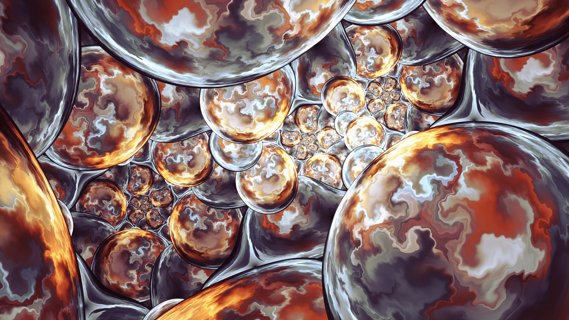A CGI HD desktop wallpaper depicting a psychedelic, trippy abstract fractal pattern of interconnected bubbles with swirling colors.