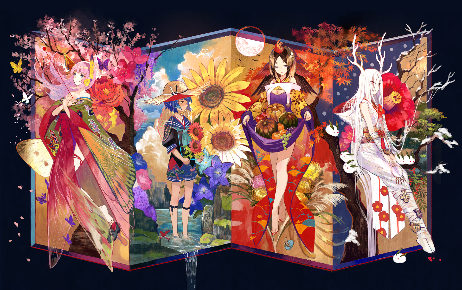 HD anime desktop wallpaper featuring original characters in vibrant kimonos surrounded by flowers and seasonal elements against a decorative folding screen backdrop.