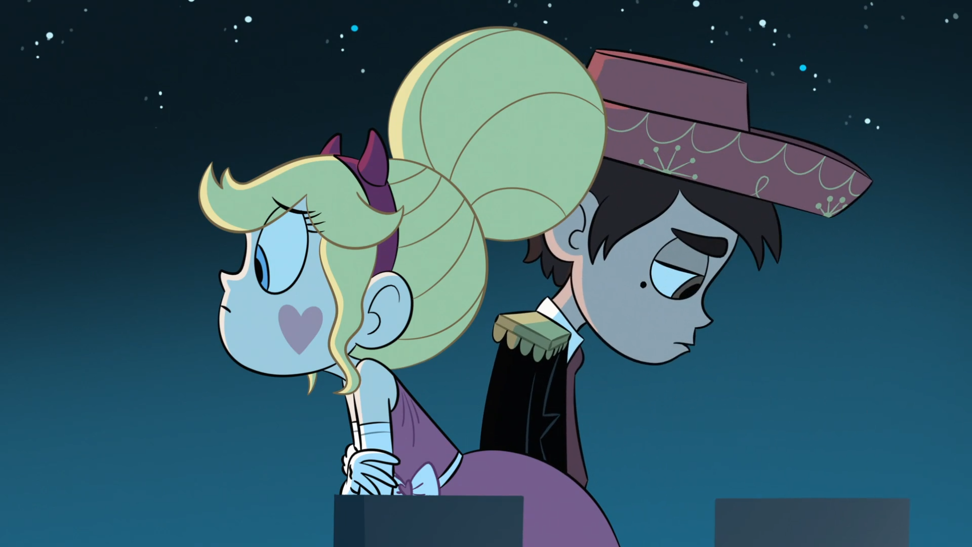 HD PC desktop wallpaper featuring Star Butterfly and Marco Diaz from the TV show Star vs. the Forces of Evil, standing back-to-back under a night sky.