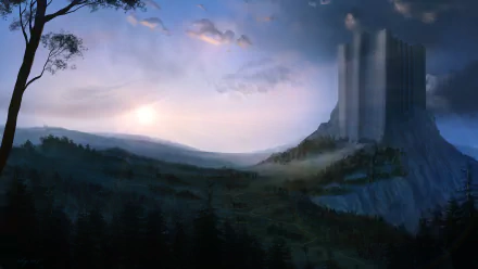 Fantasy landscape at sunrise features a towering castle atop a cliff, surrounded by misty forests, captured in an HD desktop wallpaper.