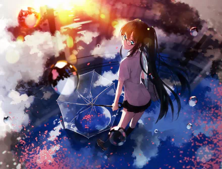 HD desktop wallpaper featuring an anime girl with long hair, glasses, and blue eyes, holding an umbrella surrounded by bubbles.