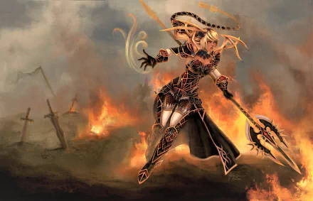 HD fantasy PC wallpaper featuring Janna from League of Legends, surrounded by fire and dark, smoky battlefield elements.