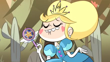 HD PC wallpaper of Star Butterfly from the TV show Star vs. the Forces of Evil, smiling in a blue dress and holding her wand amid a stylized forest background.