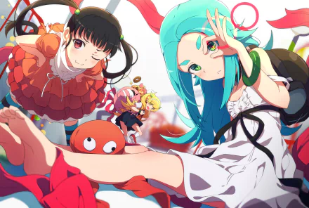 HD desktop wallpaper featuring characters Shinobu Oshino, Yotsugi Ononoki, and Mayoi Hachikuji from the anime series Monogatari, displaying a vibrant and colorful scene.