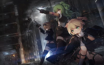 Three Girls Frontline characters, Welrod MK II, Grizzly MkV, and M950A, are depicted in a dynamic, high-definition video game scene set in a dark, urban environment.