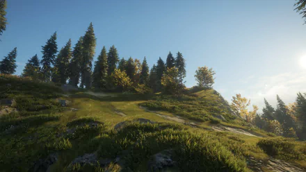 HD wallpaper of a serene landscape from the game theHunter: Call of the Wild, featuring lush trees and sunlit grassy hills.