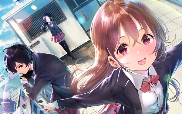 Anime-style HD desktop wallpaper featuring original schoolgirls with red eyes in dynamic poses against a bright, urban background.