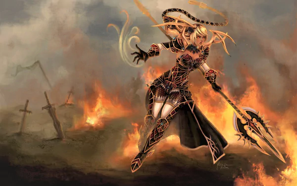 HD fantasy PC wallpaper featuring Janna from League of Legends, surrounded by fire and dark, smoky battlefield elements.