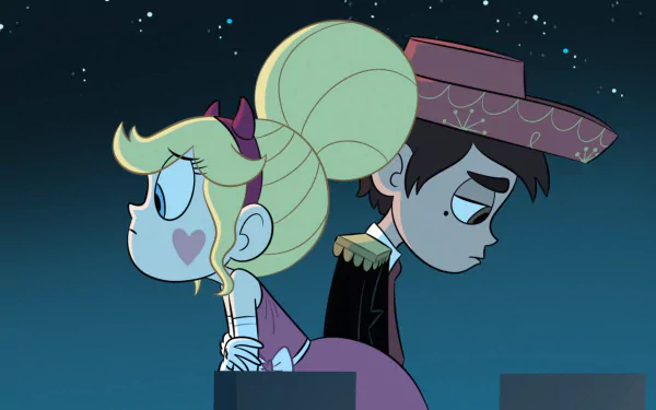 HD PC desktop wallpaper featuring Star Butterfly and Marco Diaz from the TV show Star vs. the Forces of Evil, standing back-to-back under a night sky.
