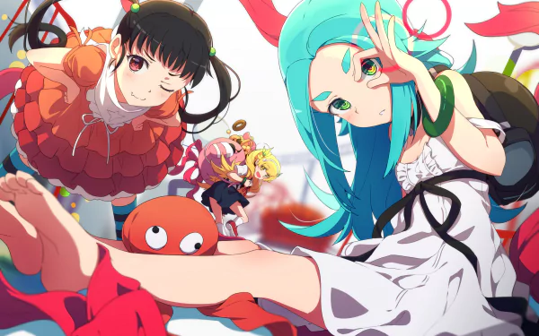 HD desktop wallpaper featuring characters Shinobu Oshino, Yotsugi Ononoki, and Mayoi Hachikuji from the anime series Monogatari, displaying a vibrant and colorful scene.