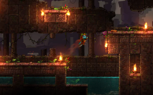 HD desktop wallpaper from SteamWorld Dig 2 featuring a character navigating through underground ruins with torches and water.