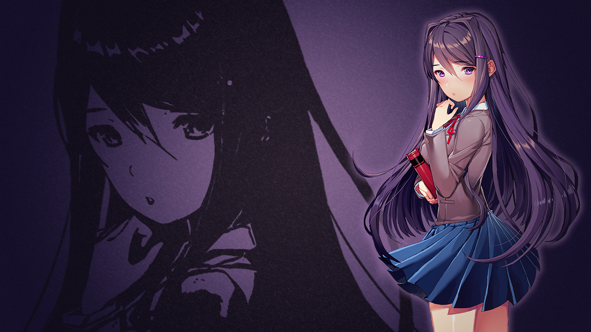 HD desktop wallpaper of Yuri from Doki Doki Literature Club, featuring a stylized purple-toned background with her shadow.