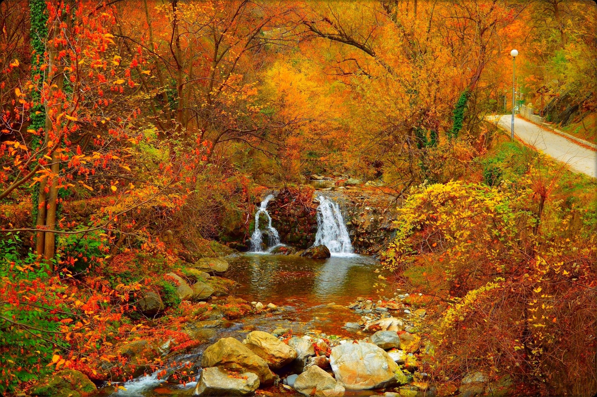Waterfall In Autumn Forest Hd Wallpaper Background Image 2941x1956