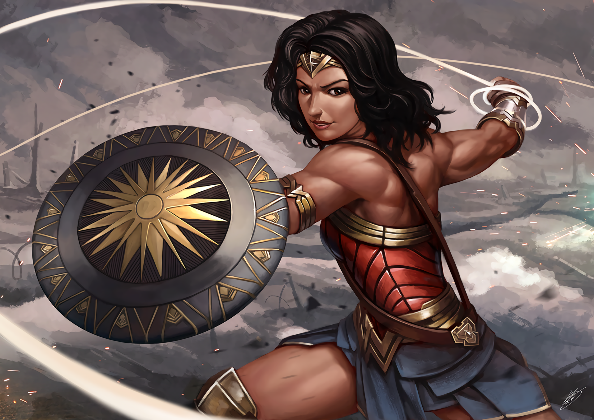 HD desktop wallpaper of Wonder Woman in a dynamic comic-style pose, wielding a shield and lasso in a dramatic, cloudy battlefield background.