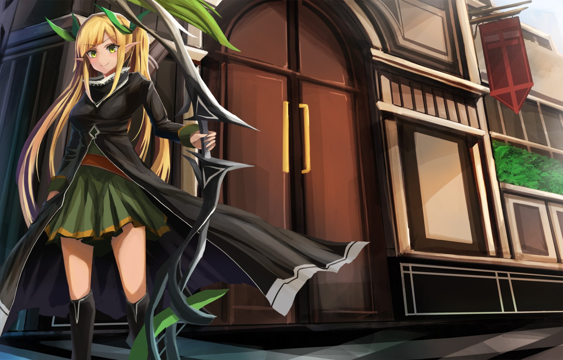 HD PC desktop wallpaper and background: anime archer girl with long blonde hair, green skirt and black cloak, holding a bow in front of an ornate building entrance.